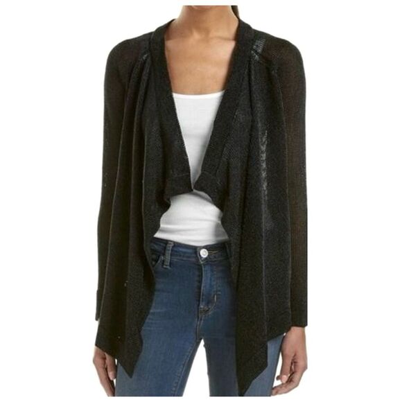 Vince Black Metallic Thread Open Front Cardigan Xsmall Mesh Waterfall Sweater - Picture 14 of 15